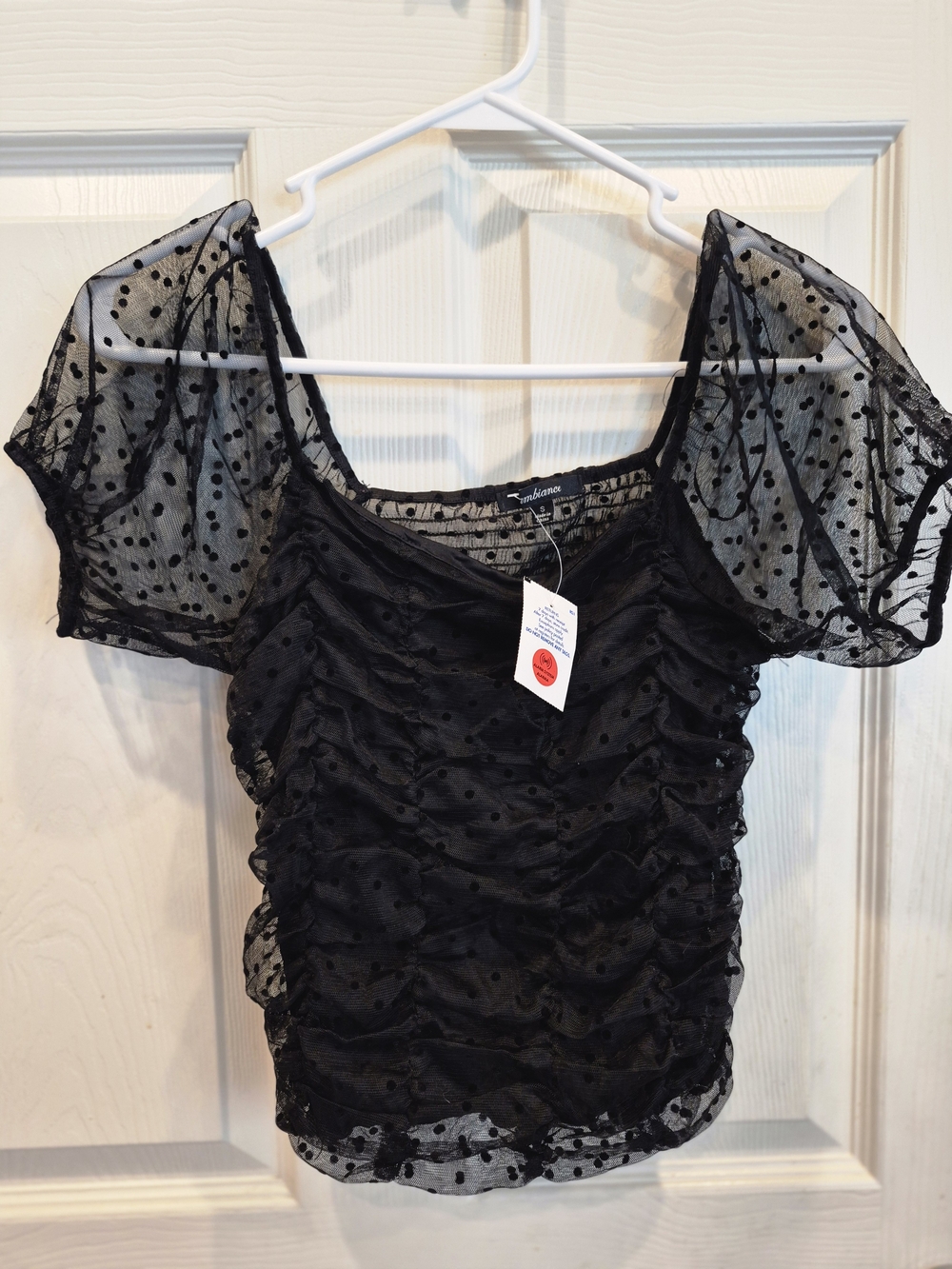 Ruched Black Polka Dot Mesh Puff Sleeve Top